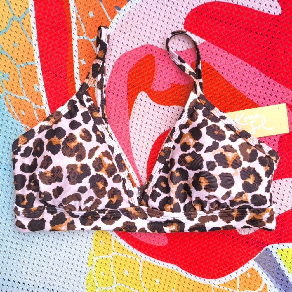 NWT Kona Sol Bikini Top Small Animal Print Black Tan Pink Adjustable Padded 🖤